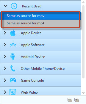 Choose output format as same source as MP4/MOV